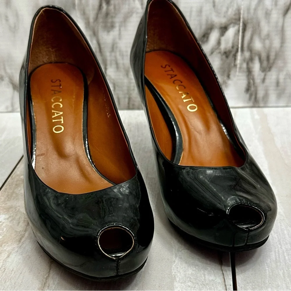 Staccato Patent Leather Glossy Black Peep Toe Heel Shoes Sexy Office Siren Chic